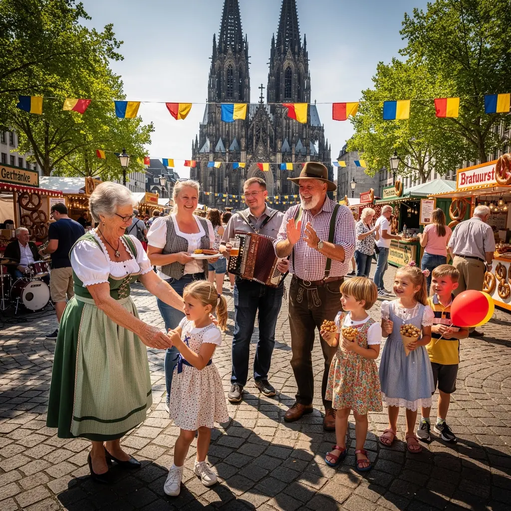 Ein belebter Marktplatz mit einladenden Cafés und lokalen Handwerksständen.
